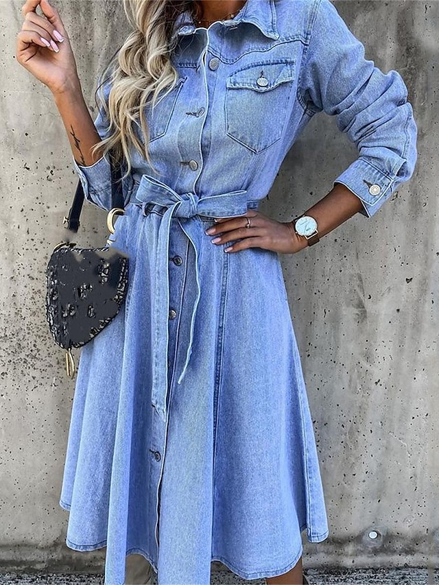  Dam Denimklänningar Skjortklänning Midiklänning Datum Semester Denim Grundläggande Modern Tröjkrage Knapp Ficka Långärmad Sommar Vår Normal Slät