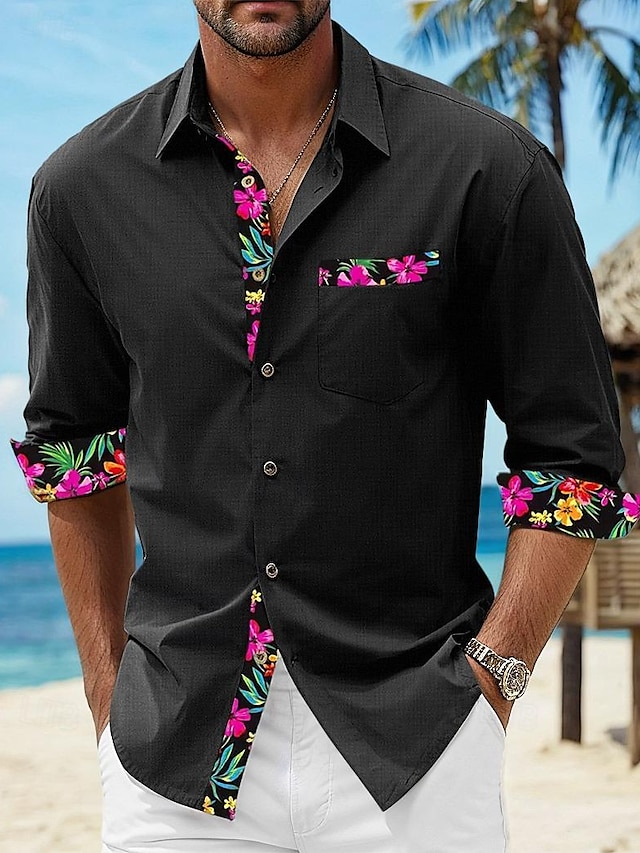  Homme Chemise Chemise Lin Chemisette Chemise d'été Tenues de plage Chemise boutonnée Floral Vacances Curise Noir Blanche Rose Claire Bleu manche longue Revers Printemps & Automne Vêtement Tenue