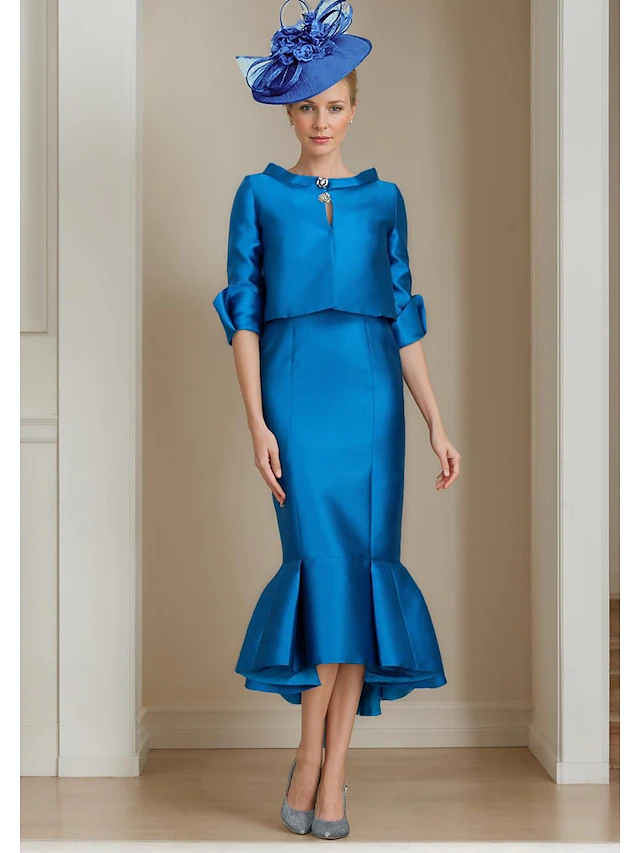 Two Piece Mermaid Mother of the Bride Dress Formal Wedding Guest Elegant Jewel Neck Tea Length Satin Half Sleeve with Buttons Race Day Dress 9