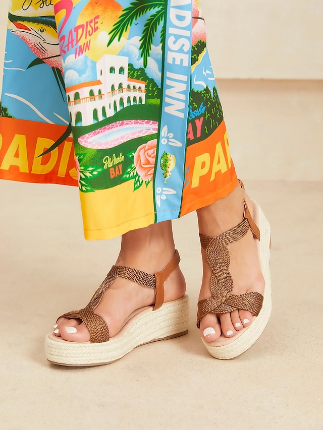  Dámské Sandály Šněrovací sandály Páskové sandály Cikánský Espadrille Denní Dovolená Plážové Platforma Čechy prázdniny Módní Len Umělá kůže Kotníkový řemínek Tmavěhnědá Zlatá