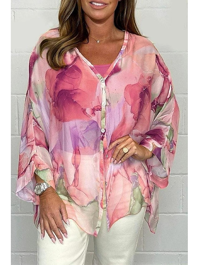  Women's Blouse Elegant Ombre Buttons Flutter Sleeve Long Sleeve Regular Tops V Neck Daily Pink Blue Orange Green Summer Fall