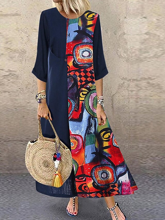 Women's Cotton Print Patchwork Crew Neck Maxi Dress Vintage Basic ...