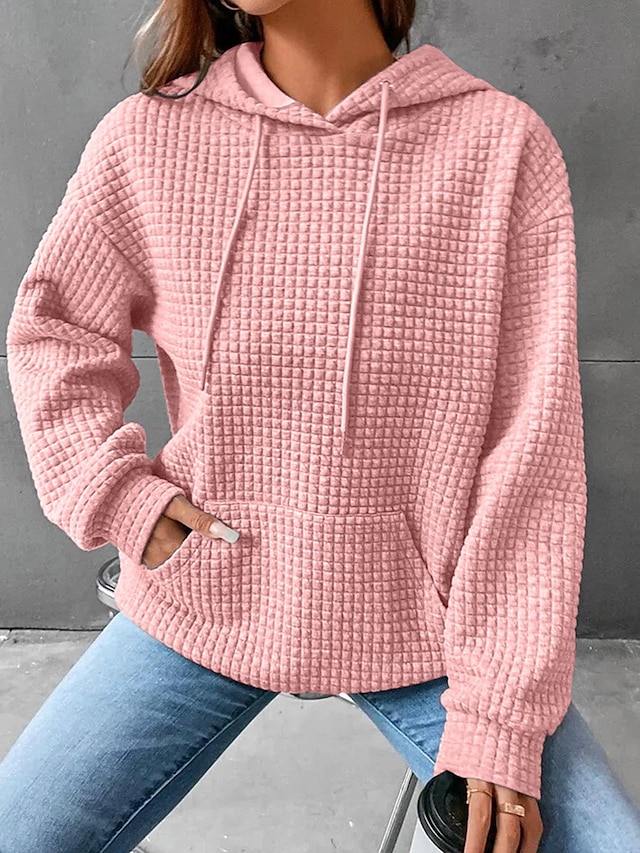 Women's Hoodie Sweatshirt Pullover Casual Texture Sweatshirt Waffle Sweatshirt Plain Dailywear Hooded Front Pocket Long Sleeve Black White Pink Gray Fall & Winter 5