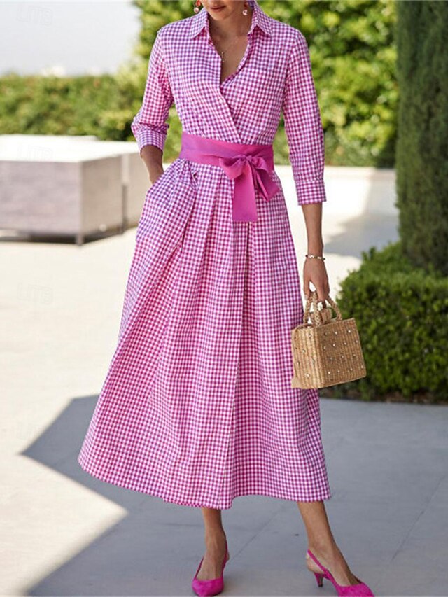 Women's Shirt Dress Casual Dress Maxi long Dress Date Vacation Modern Casual Shirt Collar Lace up Button Long Sleeve Summer Spring Regular Fit Plaid4