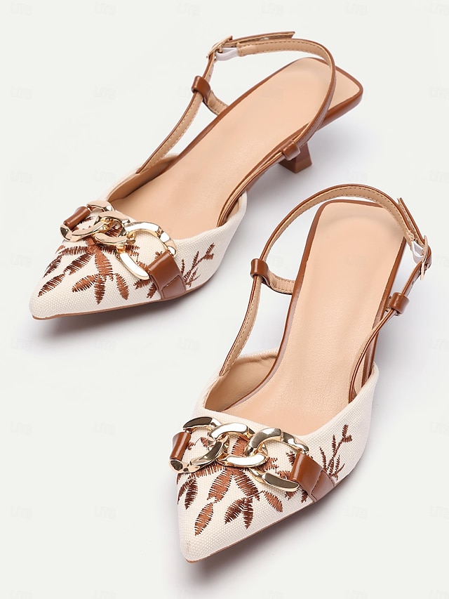  Dam Klackar Heeled Mules Semester Fest Arbete Blommig Broderad Stilettklack Spetsig tå Elegant bohemliv Mode Denim Imitationsläder Loafers Svart Silver Brun