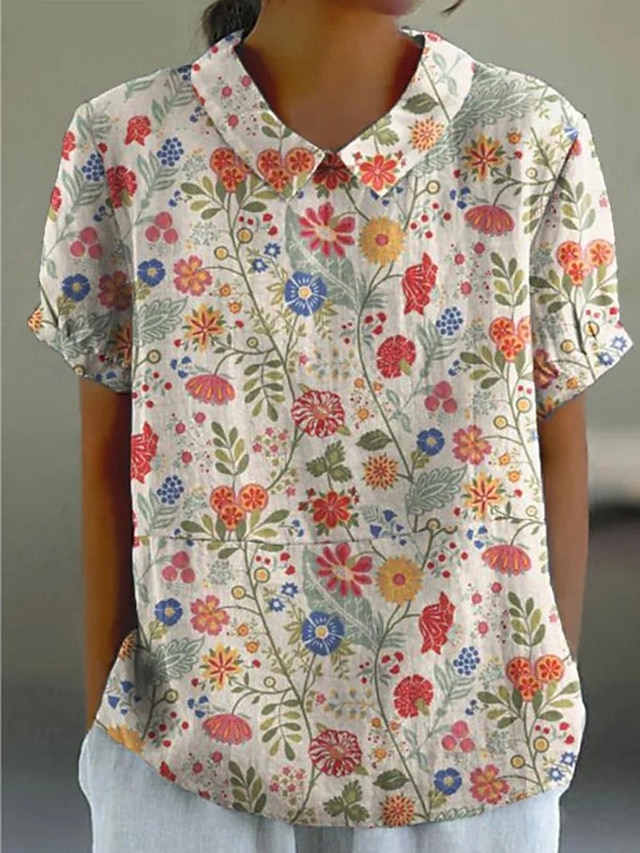  女性用 Tシャツ フラワー ファッション 半袖 ラウンドネック レギュラートップス バケーション 週末 プリント イエロー ピンク ルビーレッド ブルー 夏