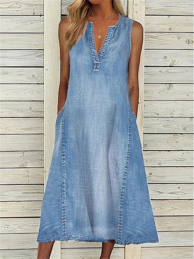  Women's Denim Dress Midi Dress Denim Patchwork Date Vacation Streetwear Basic V Neck Sleeveless Blue Color