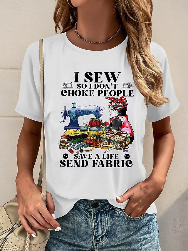 Women's T Shirt Cat Letter Funny Slang Casual Short Sleeve Crew Neck Regular Tops Daily Print White Summer4