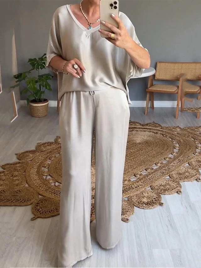 Women's Stylish T Shirt Wide Leg Pants 3/4 Length Sleeve V Neck Plain Holiday Weekend Silver Black Pink Summer Regular Fit 6