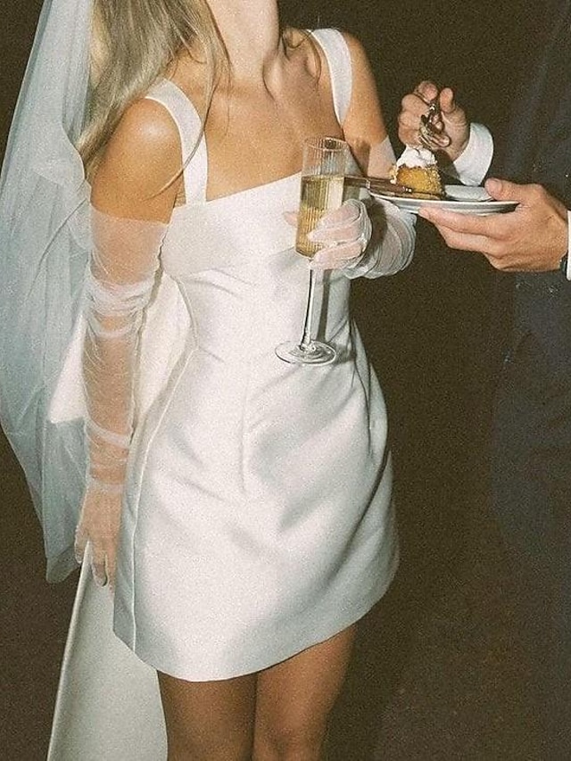  Beach Wedding Reception Little White Dresses Wedding Dresses Sheath Spaghetti Strap Spaghetti Strap Short / Mini Satin Bridal Gowns With Sash / Ribbon Pleats 2025