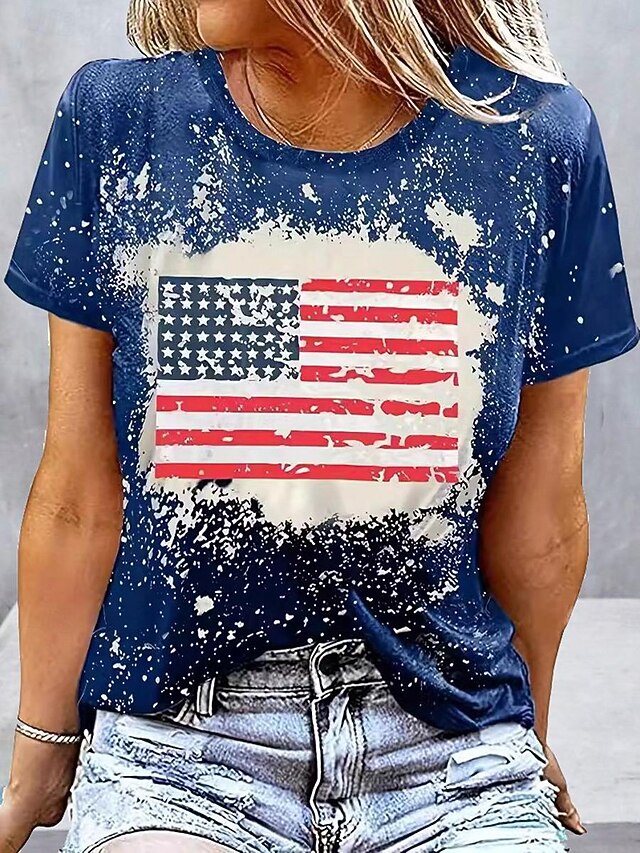  Camiseta Patriótica Feminina Casual Estampa Bandeira Americana Manga Curta Tops Regulares Gola Redonda Diária Azul Verão