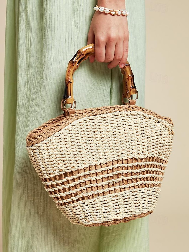  Per donna Borsetta Borsa di paglia Borsa a cupola Paglia Per eventi Spiaggia Viaggi Cerniera Manico in bambù Massima capacità Trasporto multiplo Tinta unica Color Block Marrone chiaro Beige