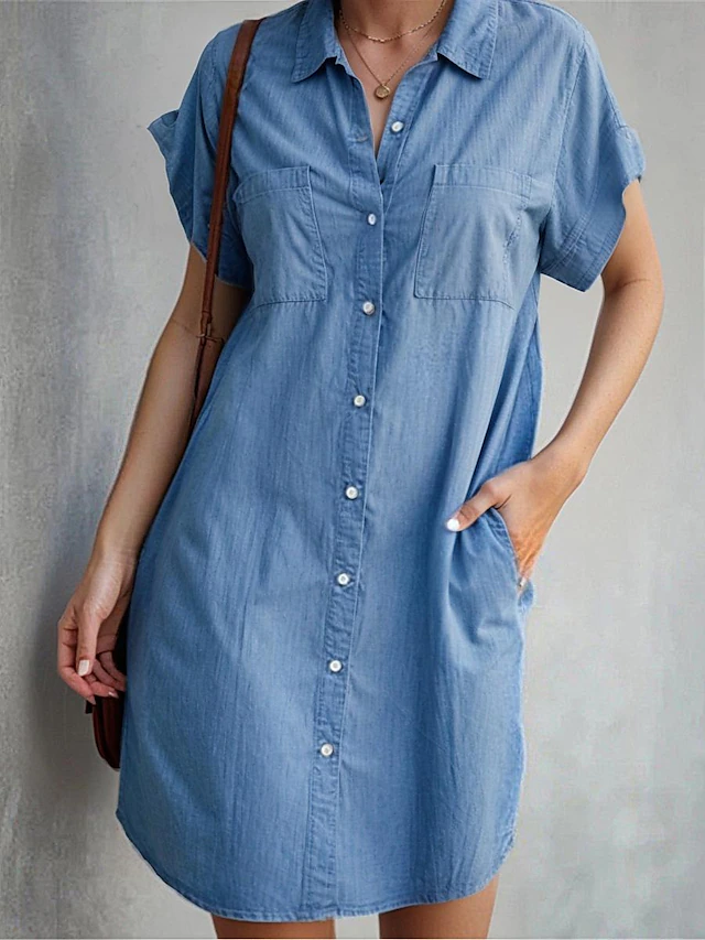 Women's Shirt Dress Mini Dress Vacation Basic Modern Shirt Collar Pocket Short Sleeve Summer Spring Regular Fit Plain4