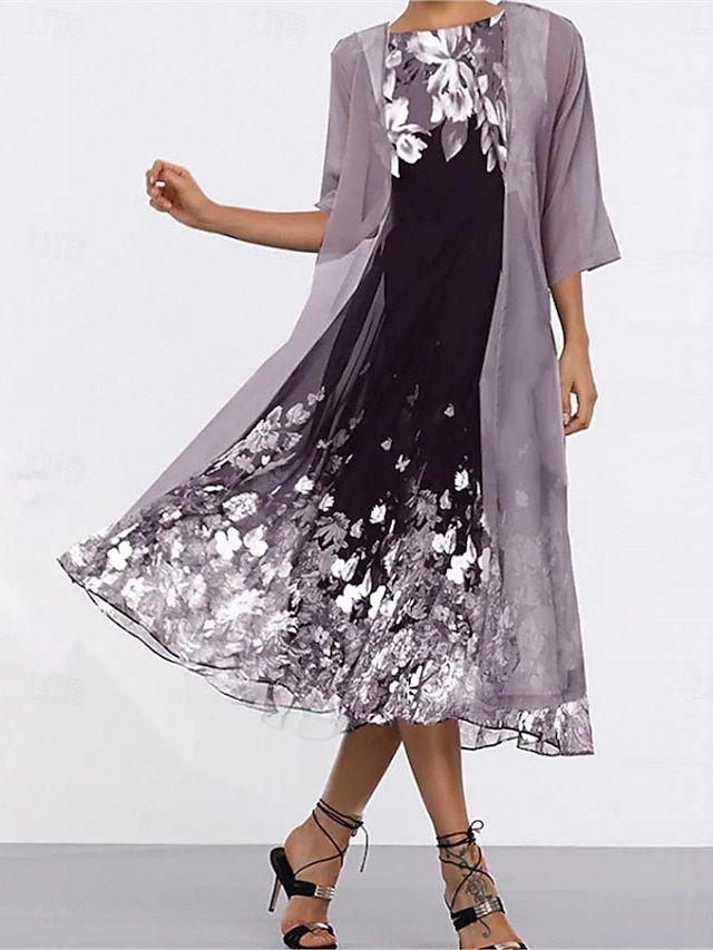  Femme Robe Ensemble Robe de Mousseline Grande occasion Floral Imprimer Robe Maxi Demi Manches Col Ras du Cou Soirée Violet Gris Eté Ample