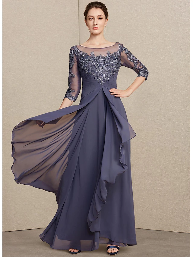 TS A-Line Mother of the Bride Dress Elegant V Neck Floor Length Chiffon ...