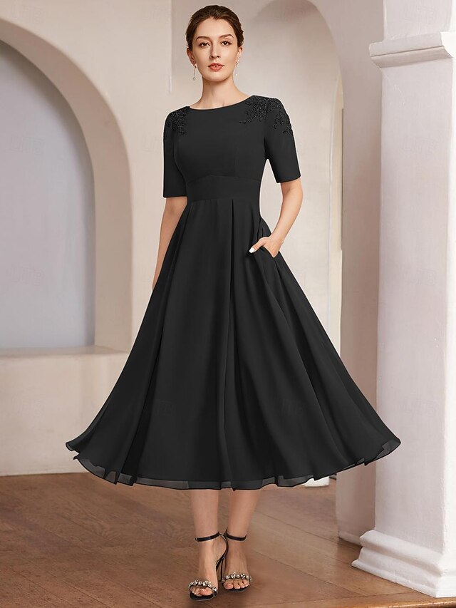 Green Bateau Neck Long Sleeves Tea Length A-Line Mother of the Bride Dress