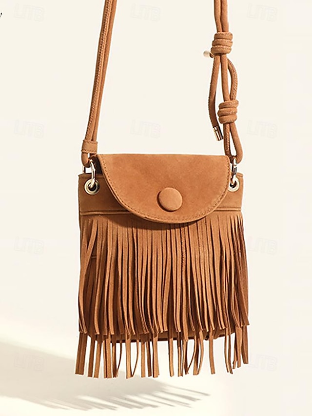  Dámské Crossbody kabelka Taška přes rameno Kbelík Bag Hobo taška PU kůže Denní Dovolená Plážové Třásně Lehká váha Pevná barva Černá Hnědá