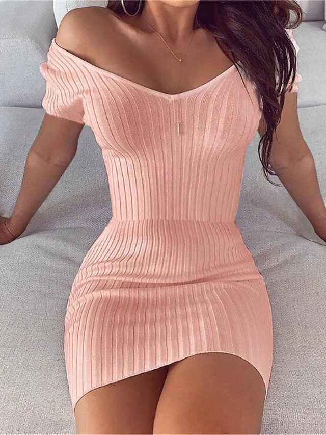  Dam Vardagsklänning Mini klänning Ribbad Datum Semester Streetwear Sexig V-hals Kortärmad Vit Rodnande Rosa Rubinrött Färg