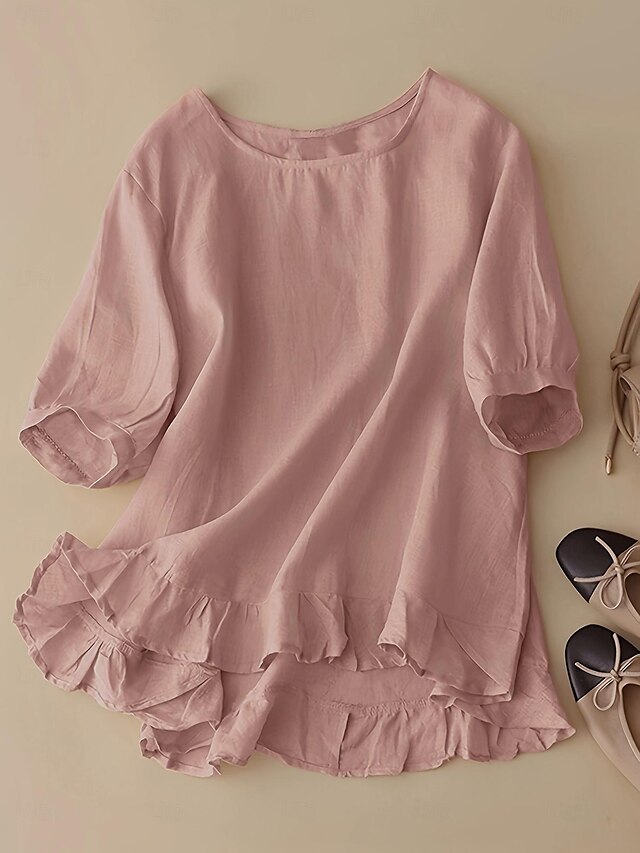  Damen Leinen-inspirierte Hemden Bluse Einfarbig Täglich T-Shirt Ärmel Rundhals Täglich Sexy Rosa Frühling, Herbst, Winter, Sommer