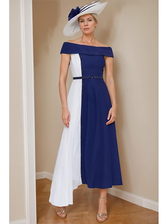 A-Line Mother of the Bride Dress Formal Wedding Guest Vintage Elegant V Neck Tea Length Chiffon Lace Half Sleeve with Beading Sequin Appliques main image 1
