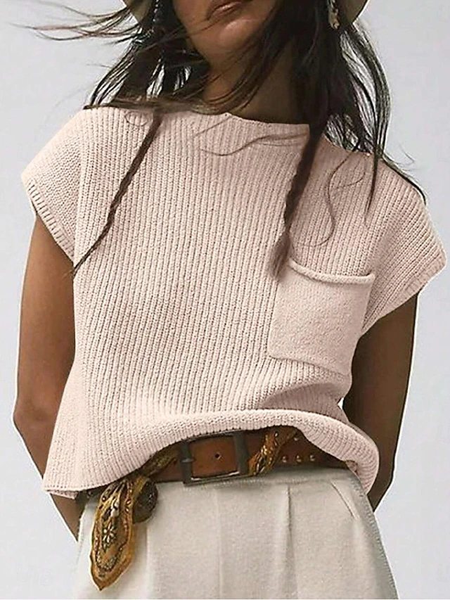 Women's Sweater Vest Elegant Casual Solid Color Ribbed Turtleneck Pocket Short Sleeves Regular Tops Knit Work Black Army Green Summer 10