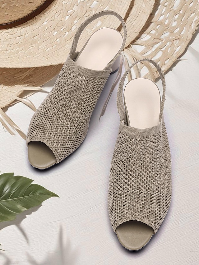  kvinners beige peep toe slingback hæler - stilige strikkede blokkhælsandaler