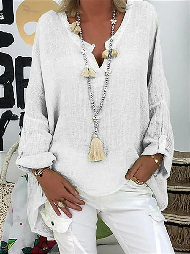 Women's Shirt Blouse Cotton Linen Shirts Solid Basic Long Sleeve V Neck Long Tops Casual Daily Black White Pink Army Green Blue Summer Spring 22