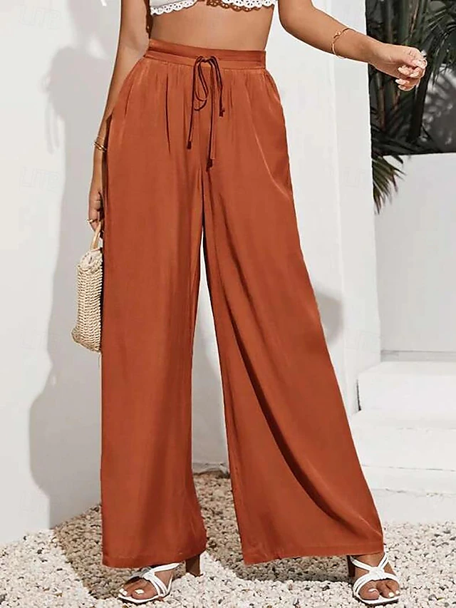 Women's Wide Leg Pants Trousers Casual Daily Long Plain Drawstring Side Pockets Breathability Comfortable Micro-elastic Weekend Black Red Beige Gray Spring & Summer Regular Fit 16