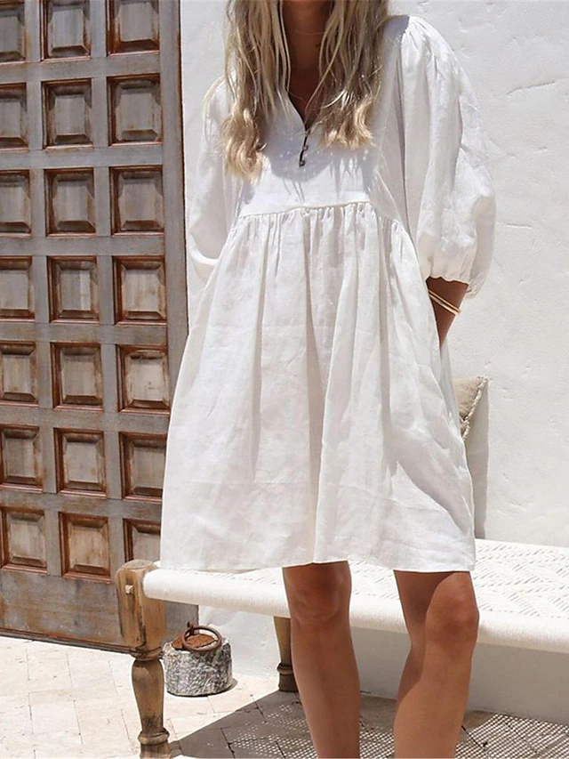 Women's Mini Dress White Dress Cotton Linen Dresses Black Dress Casual Dress Basic Modern Daily Weekend Loose Fit Plain 3/4 Length Sleeve V Neck Black White Rose Red Summer Spring 10
