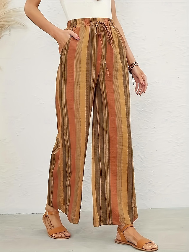  Women's Wide Leg Pants Trousers Casual Daily Long Striped Drawstring Side Pockets Print Breathability Comfortable Micro-elastic Weekend Orange Spring & Summer Loose Fit