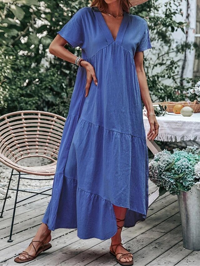  Femmes Bleu Bleu Ciel Vert Été Printemps Robe maxi Robes en coton et lin Robe Décontractée Basique Moderne Quotidien Week-end Coupe Ample Uni Col en V