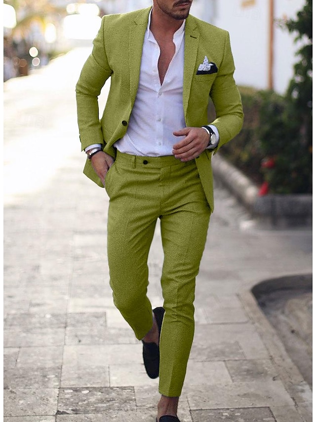 Trajes de Linho de Verão Masculinos Azul Claro Verde Ervilha Cor Sólida Ajuste Sob Medida 2 Peças com Um Botão