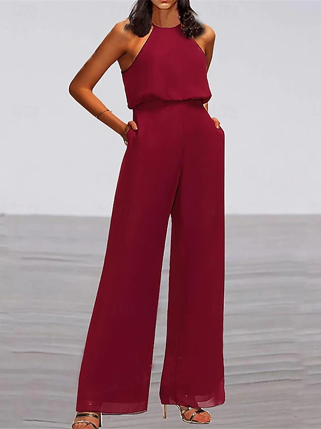 Women's Normal Jumpsuit Elegant Solid Color Sleeveless Crew Neck Pocket High Waist Office Business Regular Fit Wine Summer 6