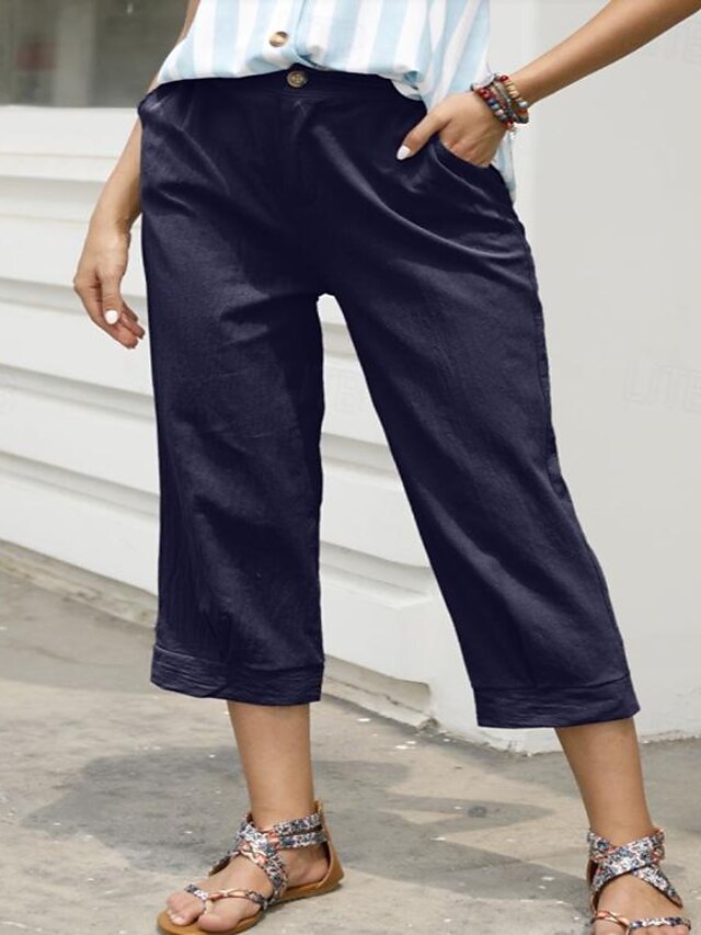  Mulheres calções capri Casual Diário Comprimento da panturrilha Tecido Bolsos laterais Respirabilidade Confortável Sem Elasticidade Final de semana Azul Cáqui Cinzento Verão Normal