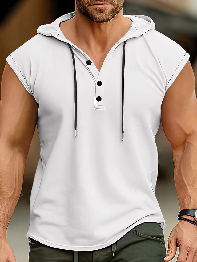 Men's Vest Top Tee Top Short Sleeves Hooded Summer Plain Pit Strip Fashion Designer Basic Buttons Vacation Street Going out Dark Grey Black White Top Tee for Men 9