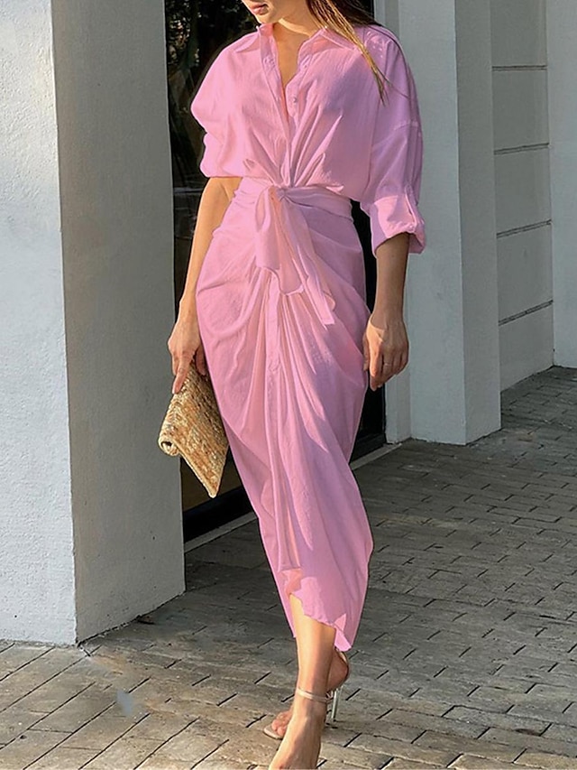  Weißes Damenkleid Hemdkleid Freizeitkleid Maxikleid langes Kleid Date Urlaub Basic modern Hemdkragen gerüscht 3/4 Ärmel Sommer Frühling lockere Passform einfarbig