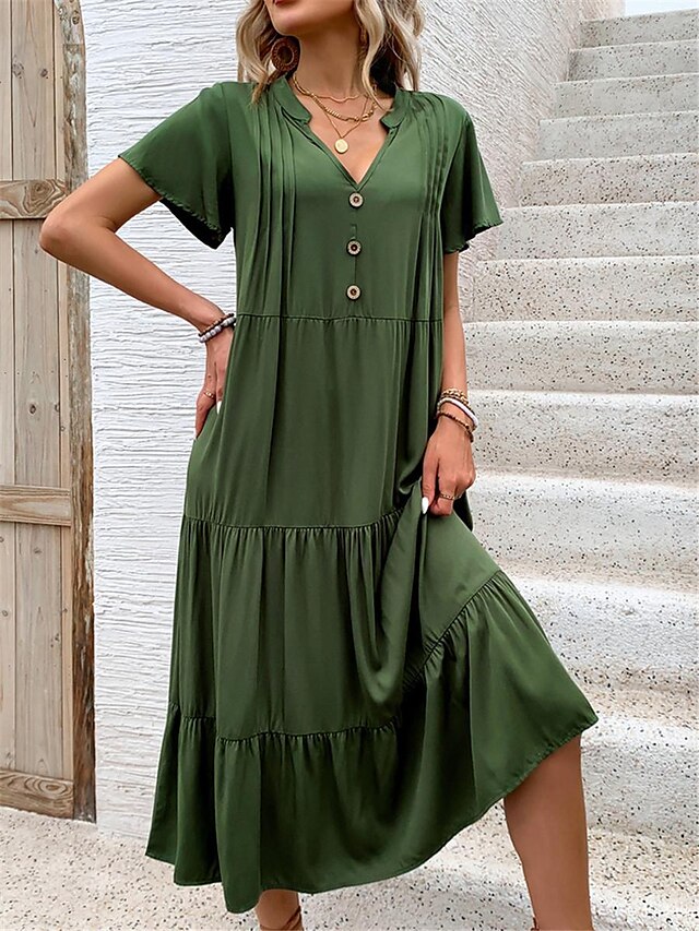 Women's Casual Dress Maxi Dress Ruffle Vacation Basic Casual Split Neck ...