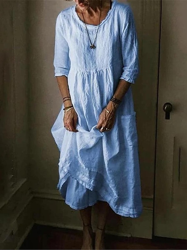  Dames Zwart blauw Groen Zomer Lente Halflange jurk Linnen-geïnspireerde jurken Casual jurk Katoenen linnen jurk Basic Modern Dagelijks Weekend Ruim Passend Effen Strakke ronde hals