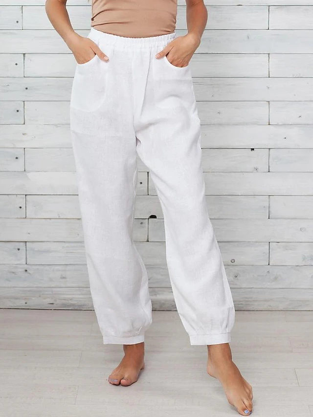 Women's Pants Trousers Casual Daily Long Plain Side Pockets Breathability Comfortable Inelastic Weekend Black White Khaki Gray Spring & Summer Regular Fit 9