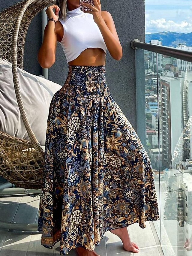 Women's Wide Leg Pants A Line Print Floral Boho Black Summer 5