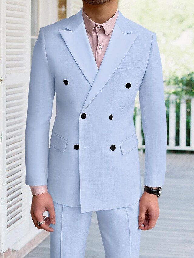  Herren Hochzeit Anzüge Steigendes Revers Weiß Himmelblau Einfarbig Figurbetonter Schnitt 2-teilig Doppeltknopfjacke mit sechs Knöpfen