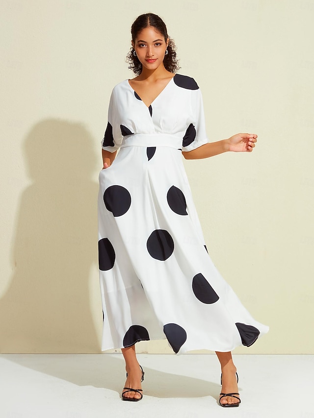  Femmes Ourlet Maxi Maxi en Satin Robe maxi Blanche Demi Manches À pois Dos attaché Poche cachée à la taille Été Printemps & Automne Col en V Décontracté Quotidien S M L