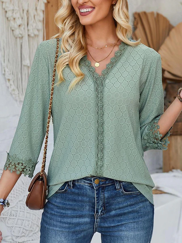 Women's Blouse Dressy Tops Daily 3/4 Length Sleeve V Neck Lace Sage Green Black Pink Beige Spring & Summer 8