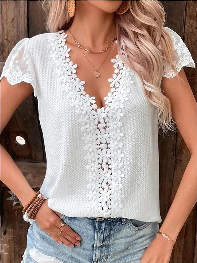  Overhemd Blouse Geklede topjes Dames Wit Effen Kant Straat Dagelijks Modieus V-hals Normale pasvorm S