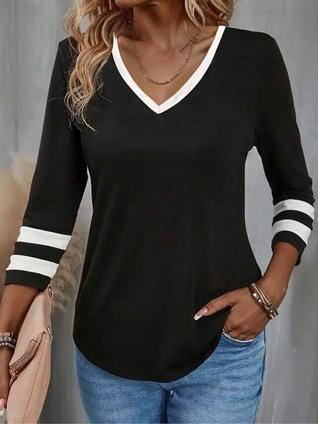 Women's T Shirt V Neck Long Sleeve Tunic Striped Fashion 3/4 Length Sleeve Regular Tops Daily Print Black Spring & Fall4