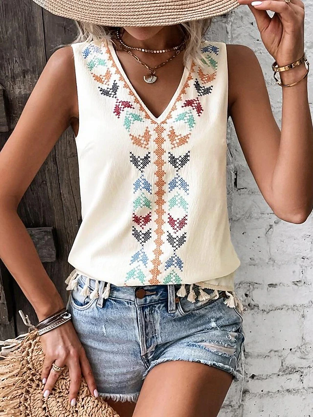 Women's Tank Top Casual Sleeveless V Neck Regular Tops Daily Print Black White Pink off-white Summer 8