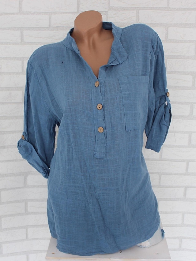  Women's Shirt Cotton Linen Shirts Button Up Blouse Plain Fashion V Neck Street Daily Buttons Pocket White Red Blue Beige Summer