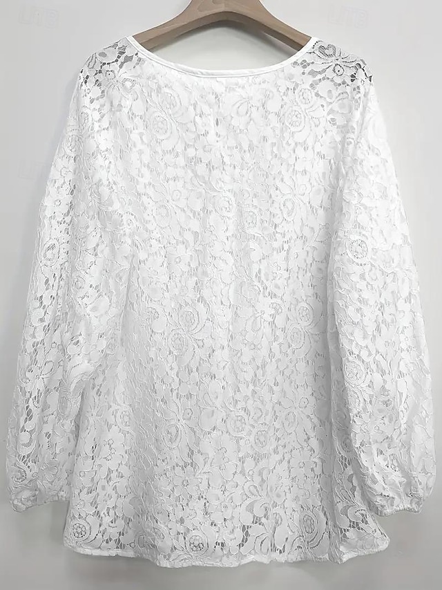 Women's White Elegant Lace Tops Eyelet Blouse Streetwear Basic Solid Color Contrast Lace Tie ...