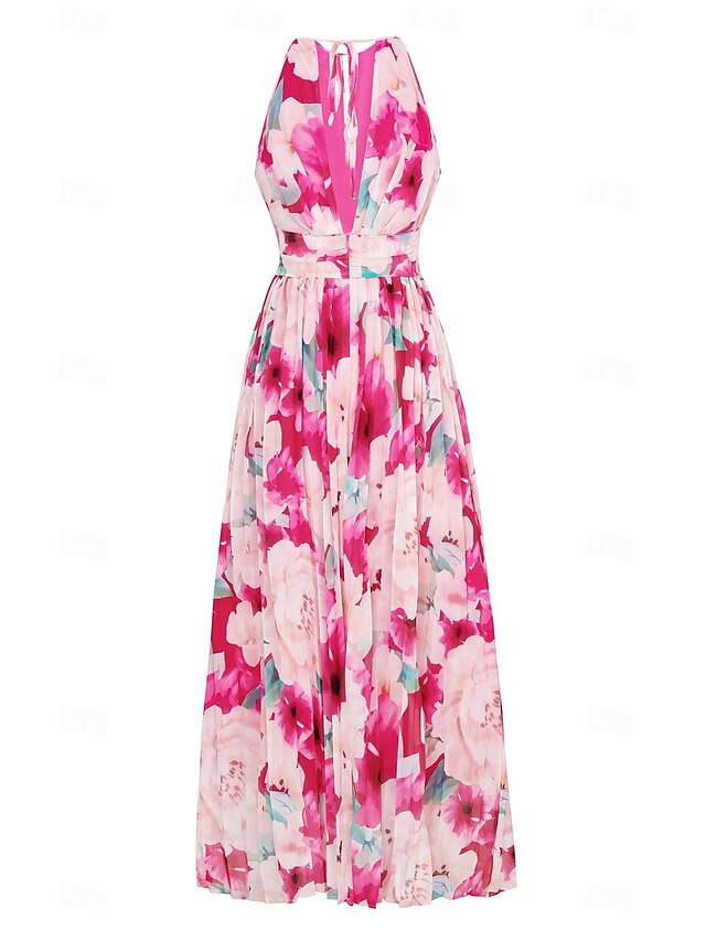 Harriet | Women's Pink Floral Maxi Dress with Elegant Shoulder Ties