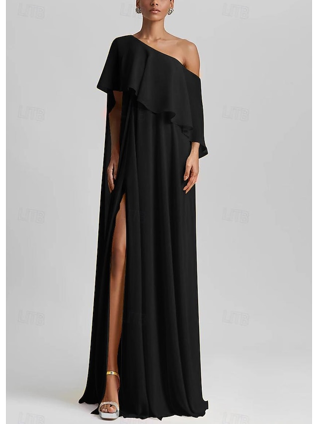 Gul A-Linjeklänning Elegant Klänning Strandbröllop Formellt Bröllop Gäst Golvlängd Ärmlös En Axlar Stretch Chiffon med Volanger Slits
